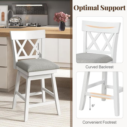 COSTWAY Bar Stool Set of 3 for Kitchen Island, 26" Counter Height Chair with Ergonomic Backrest, Foot Rest, Padded Seat & Solid Wood Structure, 360°Swivel Farmhouse Barstool with Back