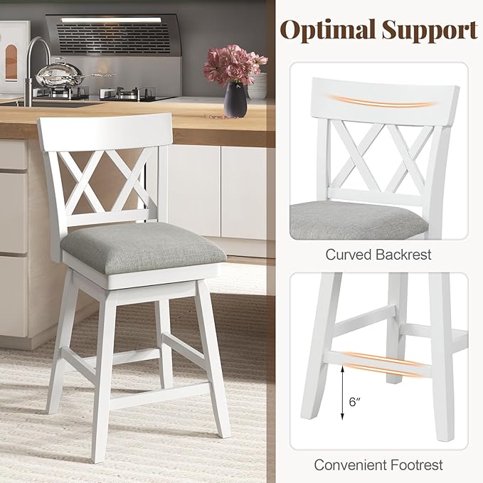 COSTWAY Bar Stool for Kitchen Island, 26" Counter Height Chair with Ergonomic Backrest, Foot Rest, Padded Seat & Solid Wood Structure, 360°Swivel Farmhouse Barstool with Back