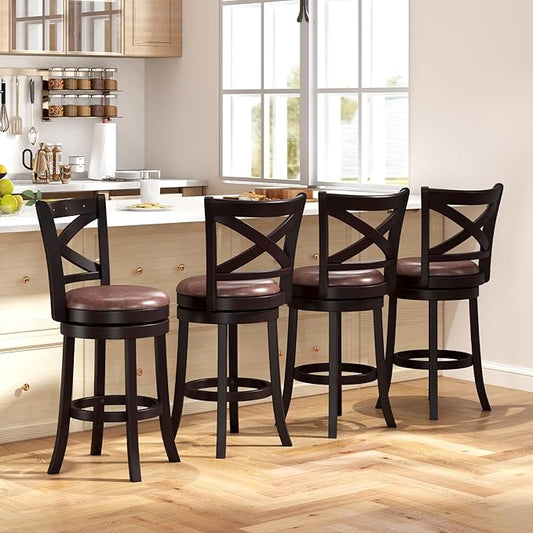 COSTWAY Bar Stools Set of 4, 26" Swivel Counter Height Bar Chairs with Copper Nails, Upholstered Seat, X-Shaped Backrest, Solid Rubber Wood Frame, for Kitchen Island Pub Bar