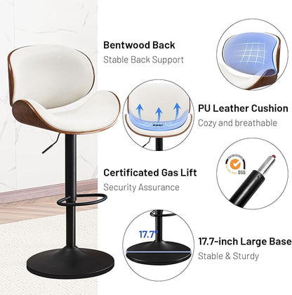Furniliving Bar Stools Set of 4, Adjustable Height Swivel Bentwood Barstools, Upholstered Bar Chairs with Footrest, Ergonomic Modern Bar Stools for Dining Room, Kitchen, Bar, White, PU