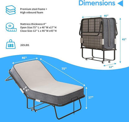 Mjkone Folding Bed with Mattress for Adults, Rollaway Bed with 4 Inch Memory Foam, Space Saving Portable Bed with Lockable Wheel, Sturdy Fold Up Frame and Memory Foam for Bedroom/Guest (75" x 46")