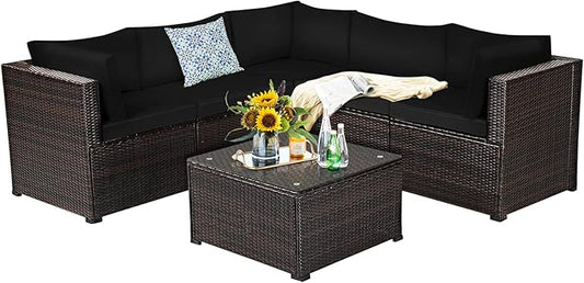 Tangkula 6 Pieces Patio Furniture Set, Outdoor Rattan Sofa Set, Wicker Conversation Set w/Tempered Glass Coffee Table & Cushions, Sectional Sofa Set for Backyard, Garden, Balcony, Poolside (Black)