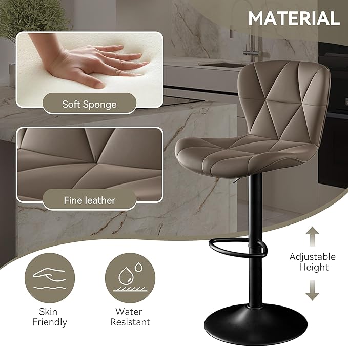Bar Stools Set of 6,Adjustable Swivel Barstools, Faux Leather Bar Chairs,Upholstered Counter Height with High Backrest for Kitchen Island, Dark Khaki