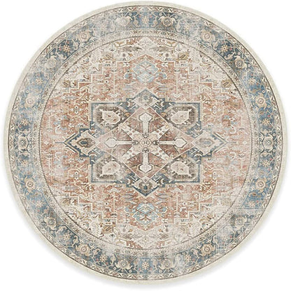 RUGGABLE Washable Vintage Area Rug – Kamran Coral 8 ft Round, Stain-Resistant, Non-Slip – Large Machine Washable Rugs for Living Room, Bedroom, Hallway, Entryway & Office–with Standard Pad