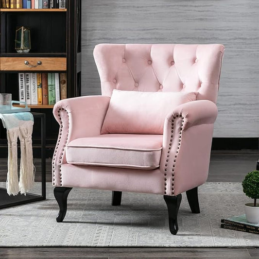 chairus Mid-Century Modern Accent Chair Comfy Tufted Single Sofa Chair Wingback Armchair with Pillow for Club, Living Room, Bedroom - Velvet, Pink