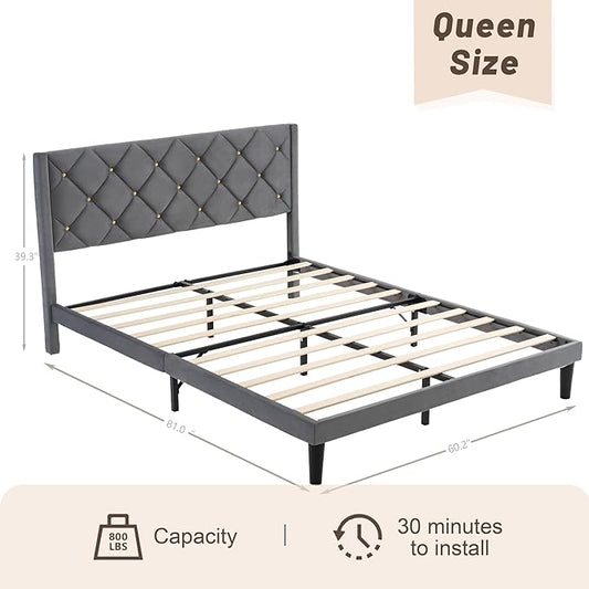 Queen Size Platform Bed Frame with Velvet Upholstered Headboard and Sturdy Wooden Slats Support,Mattress Foundation，Easy Assembly, No Box Spring Needed,Slip Resistant (Grey, Queen)
