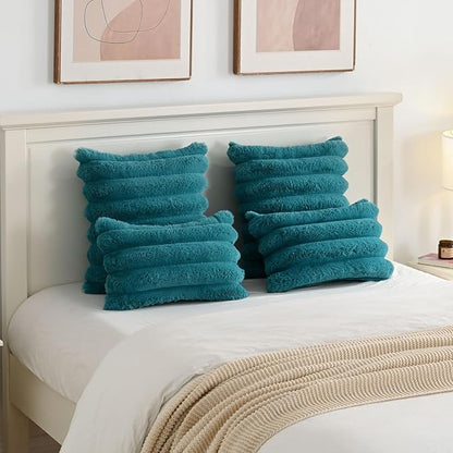 FUTEI Teal Decorative Throw Pillow Covers 26x26 Inch Set of 2, Square Soft Faux Rabbit Fur Thick Striped Euro Pillow Shams,Winter Home Decor for Couch Bed Living Room