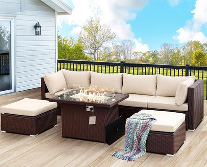 NICESOUL 7 Piece Outdoor Patio Sectional Furniture Set with Fire Pit Natural Gas/Propane, Large Size Comfortable Conversation Sets, 29.3'' High Back Deep Seat Sofa, Brown Rattan and Beige Cushion