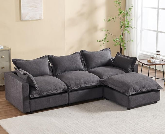 chairus 97" Modular Sectional Sofa with Moveable Ottoman Upholstered Deep Seat Linen Couch Set with Soft Pillows L-Shape Sofa Couch for Living Room, Apartment, Reception Room, 3-Seater/Black