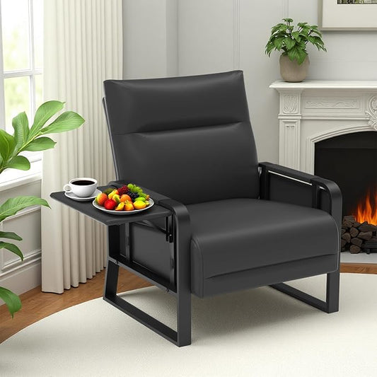 Faux Leather Accent Chair with Flip Up Tray Table Soft Backrest Side Pocket for Living Room Office Bedroom Leather Accent Chair, Black