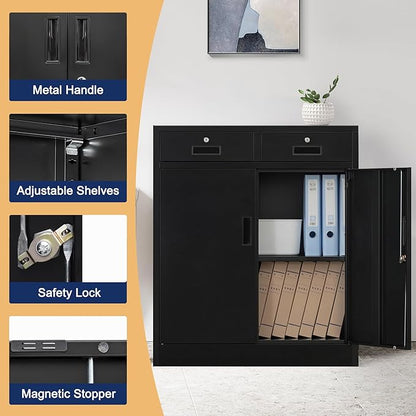 Metal Storage Cabinet with 2 Drawers and Shelves,36"H Locking Kitchen Storage Cabinets,Adjustable Shelf File Cabinet with Doors for Home Office, Garage,Laundry Room,Basement,Utility Room-Black
