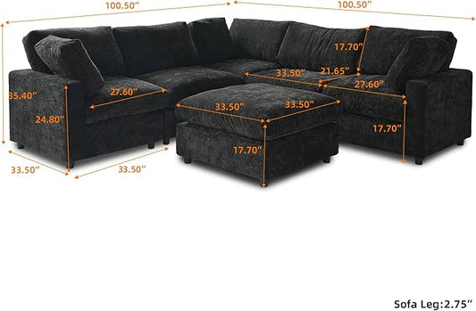 WJShome Modern V Shaped Sectional Couches for Living Room,100 Inch 5-Seater Chenille Deep Seat Modular Sofa with Ottoman, Cloud Couch for Bedroom and Apartment，Black