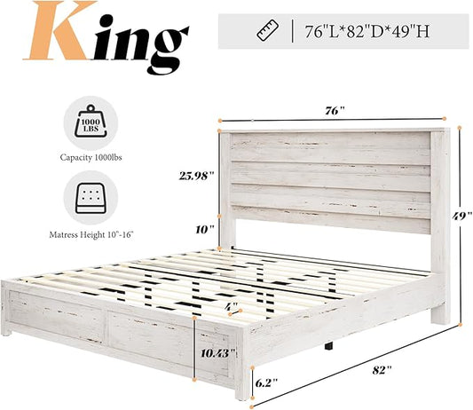 AMERLIFE Farmhouse King Size Bed Frame with 49" Fluted Headboard, Wood Platform Bed with Natural Wood Grain, No Box Spring Needed/Noise Free, Distressed White