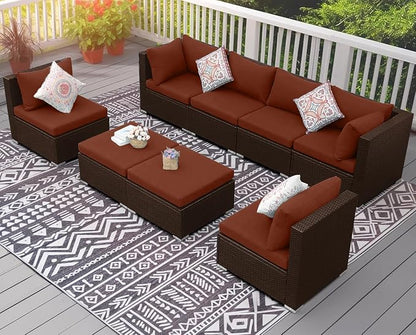 NICESOUL 29.3'' High Back Wicker Patio Furniture Set for 8 Person, Extra Big Outdoor Modular Sectional with Ottoman, Deep Seated Relax Conversation Sets for Backyard Deck, Brown and Red