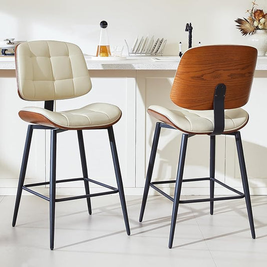 Mid Century Modern Bar Stools Set of 2 for Kitchen Island,Upholstered Beige Faux Leather Counter Height stools,26 Inch Counter stools with Walnut Grain Back