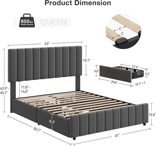 Garvee Queen Size Bed Frame with 4 Storage Drawers, Adjustable Height Headboard, Linen Upholstered Platform Bed Frame, No Box Spring Needed, Easy Assembly, Grey