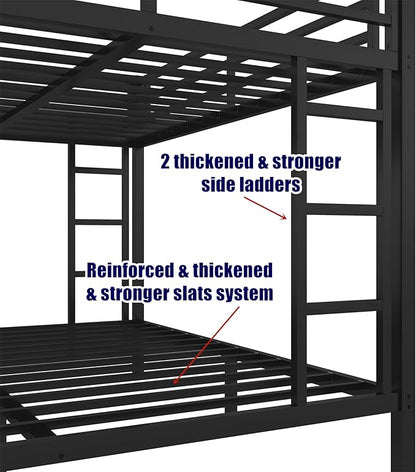 Higher Quality & Stronger Metal Queen Over Queen Bunk Bed, Thickened Heavy Duty More Stable Safer Black Steel Bunkbed (Easier to Assemble)