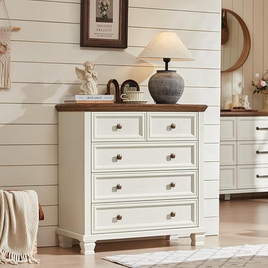 Farmhouse Bedroom Dresser and Nightstand Set of 4, 6 Drawer Tall & 5 Drawers Dresser & 2 Drawer Nightstand Set, Rustic Wood Bedroom Furniture Set for Livingroom, Hallway, White
