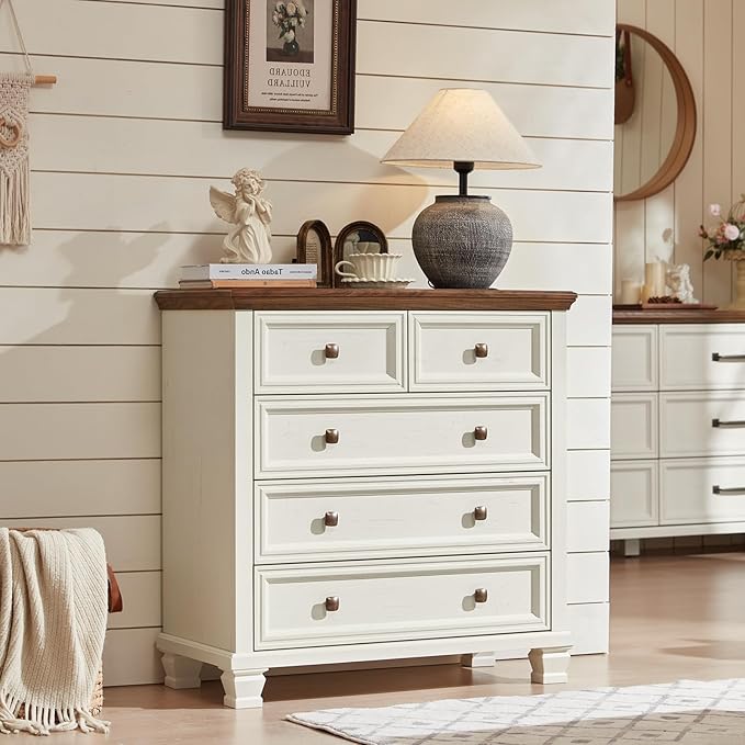 Farmhouse Bedroom Dresser and Nightstand Set of 4, 6 Drawer Low & 5 Drawers Dresser & 3 Drawer Nightstand Set with Wooden Legs, Rustic Wood Bedroom Furniture for Livingroom, Hallway, White