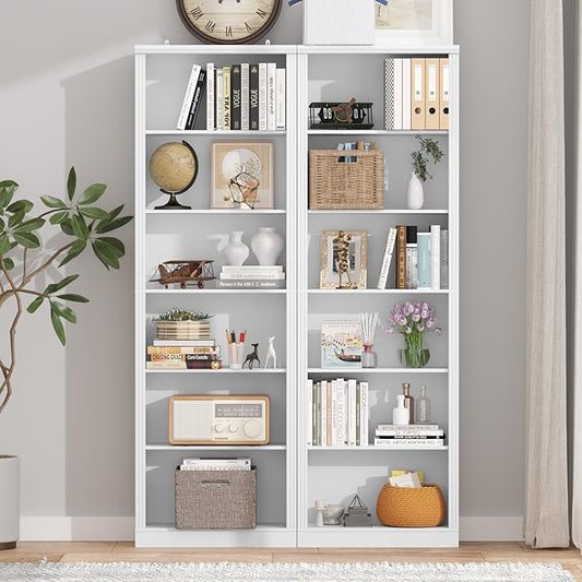 75" Tall Bookshelf & Bookcase Set of 2, 6-Tier Adjustable Storage Shelves, Book Shelf with Anti-Tipping Device, Floor Standing Modern Display Rack for Living Room, Bedroom, Office, White