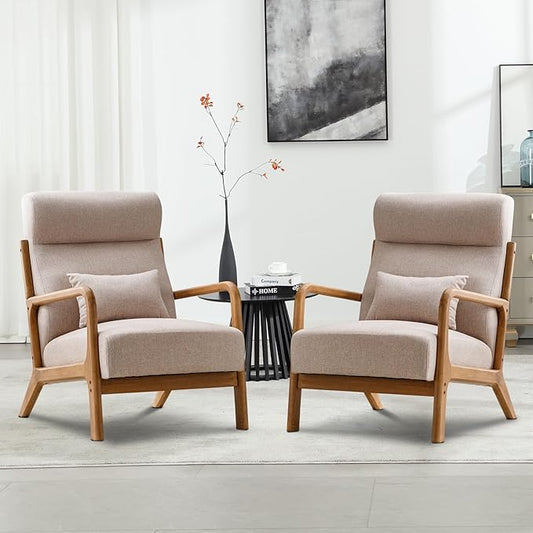 Accent Chair Mid Century Modern Chair Linen Fabric Living Room Chairs with Solid Wood Frame Comfy Upholstered and Lumbar Pillow Reading Side Chair Easy Assembly for Bedroom (2, Beige)