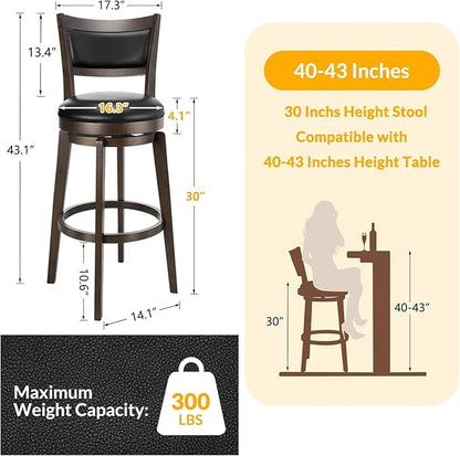 PrimeZone Swivel Bar Stools Set of 1, 30 Inch Bar Height Barstools, Black Faux Leather Bar Stool with High Backrest & Solid Wood Legs & Wrap-Around Footrest, Counter Stools for Kitchen Island, Pub