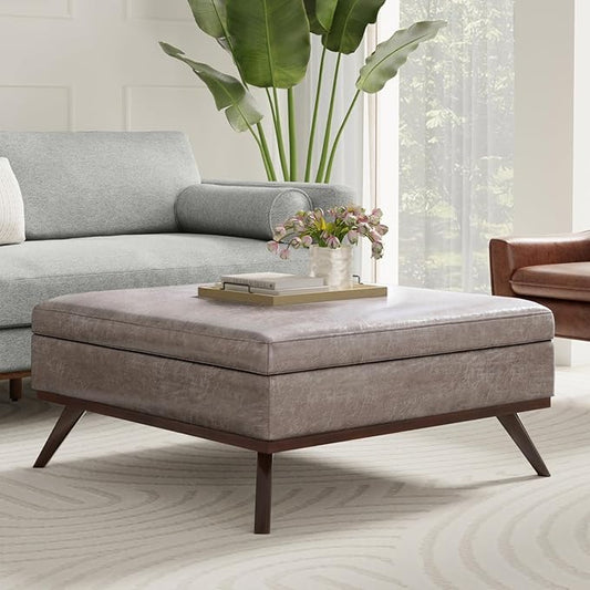 SIMPLIHOME Owen 40 inch Wide Mid Century Modern Square XL Coffee Table Storage Ottoman in Distressed Grey Taupe Vegan Faux Leather, Assembled, for The Living Room, Entryway and Family Room