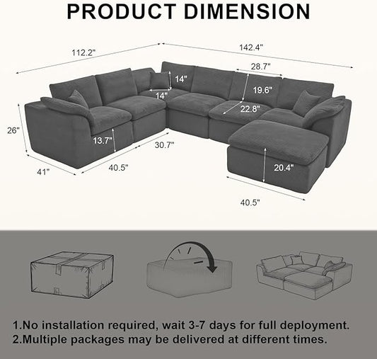 143" Cloud Sectional Couch, Boneless couches for Living Room, 7 Seater Large Modular Sectional Sofa with Deep Seat, Comfy Soft Cushions, No Assembly, Gray