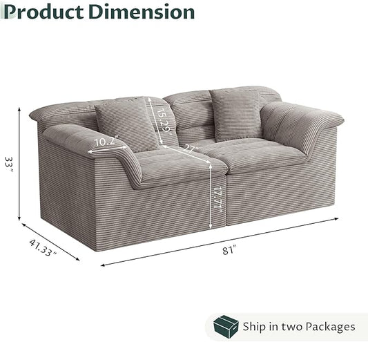 81" Sofa with Deep Seats Oversize, 2 Seater Cloud Couches, Upholstered Corduroy Loveseat for Living Room Bedroom, No Assembly Required, Light Gray