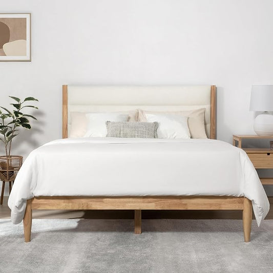 Wood Bed Frame with Headboard Upholstered Platform Mattress Foundation,Strong Wooden Slat Support,No Box Spring Needed
