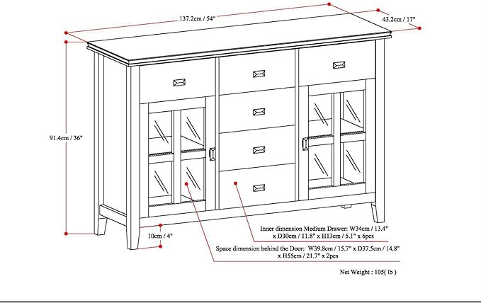 SIMPLIHOME Artisan Buffet - 54 inch Wide Solid Wood 3-Door Sideboard Buffet in Russet Brown, Transitional Storage Cabinet for Dining Room or Kitchen with Adjustable Shelves and Bronze Hardware