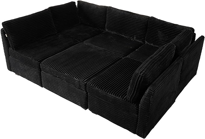 130'' Modern Modular Sectional Sofa with Movable Ottoman,5 Seats Cloud Comfort Corduroy Fluffy Couch,L Shaped Convertible Sofa Couch for Living Room,Black