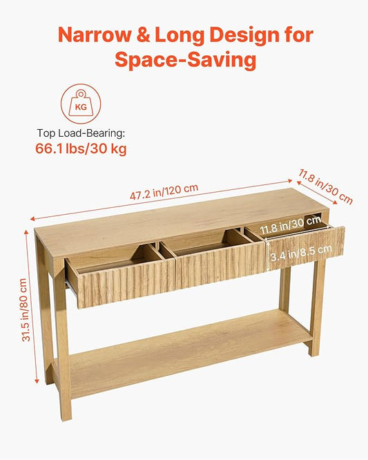 VEVOR 47 in Console Table, Farmhouse Desk Behind The Couch with Drawers and Bottom Storage Shelf, Wooden Rectangle Entrance Narrow Sofa Table for Hallway, Bedroom, Living Room, Foyer, Burlywood