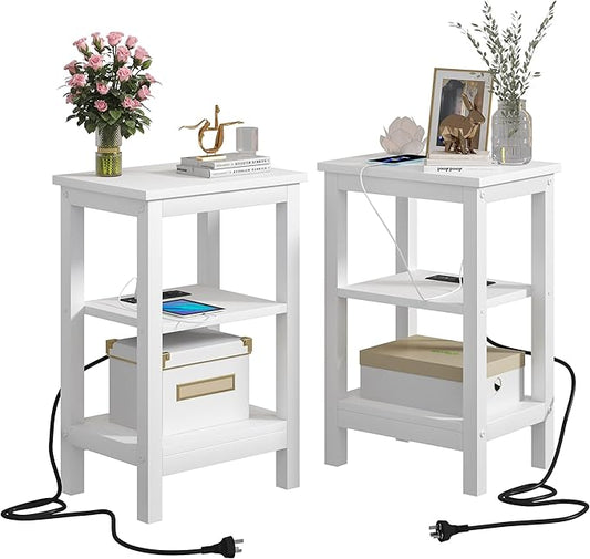 VECELO Modern Nightstands with Charging Station,Side End Table Night Stand with Storage Shelf for Small Spaces, Bedroom,Living Room