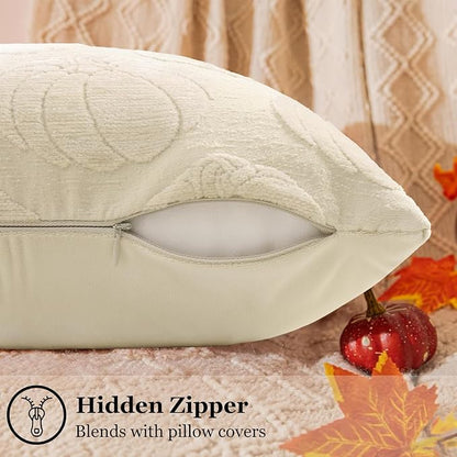 decorUhome Decorative Beige Pumpkin Thanksgiving Throw Pillow Covers 20x20 Set of 2, Soft Chenille Jacquard Farmhouse Textured Pillow Covers for Couch Bed Sofa Autumn Harvest Halloween Holiday