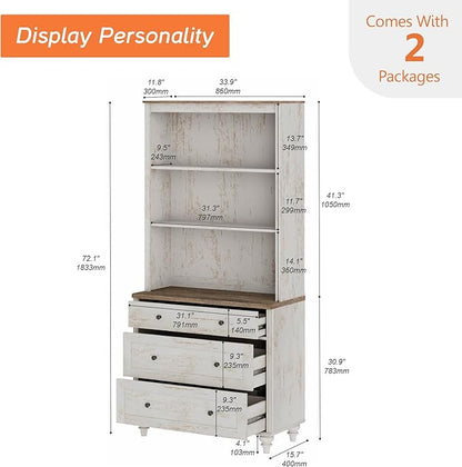 WAMPAT 3 Tier Bookshelf with 3 Drawers, 72" Tall Bookcase Large Farmhouse Display Book Case Shelf with 3-Tier Open Book Shelfs，Library Wood Bookshelves for Living Room,Kitchen, Rustic White