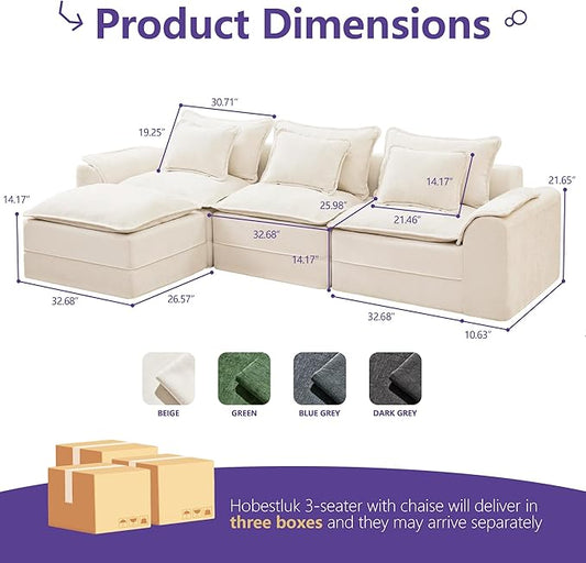 Hobestluk 120" Cloud Modular Sectional Couch 3-Seater Sofa with Ottoman L Shaped Sofa with Removable Cover Large Sofa Couch for Living Room (Beige, 3-Seater Sofa with One Ottoman)