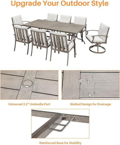 9-Piece Patio Dining Set, Aluminum Outdoor Dining Set for 8, Patio Furniture Sets with Umbrella Hole, 6 Dining Chairs, 2 Swivel Dining Chairs for Decks, Garden, Backyard, Lawn, Limed Oak