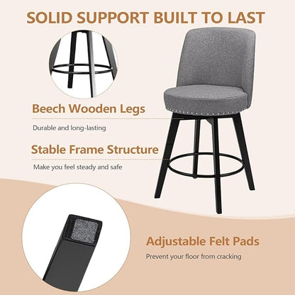 MINCETA Bar Stool, 26 Inch Upholstered Barstool with High Back and Footrest, Swivel Counter Height Barstool for Kitchen Island Home Bar Gray