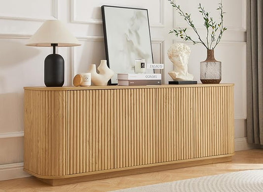 LKTART 64" Sideboard Buffet Cabinet with Storage, Wooden Fluted Storage Cabinet Sideboard Credenza with Adjustable Shelves Pressed Spring for Kitchen Living Room (Natural Oak)