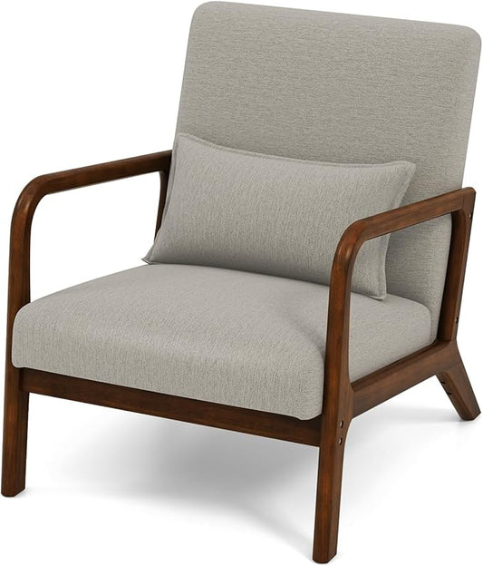 KOMFOTT Mid-Century Modern Accent Chair, Indoor Living Room Leisure Chair with Cushioned Seat & Back, Upholstered Armchair with Rubber Wood Frame & Lumbar Pillow, Lounge Chair for Bedroom, Grey