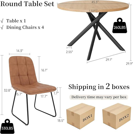 45.3 Inch Round Dining Table Set for 4, Mid Century Modern Small Kitchen Coffee Set for Dining Room Kitchen Apartment (Oak Table + 4 U-Shaped Brown Chairs)