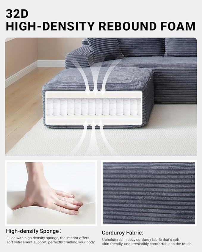 108 Inch Cloud Sectional Couch,Modern Modular Sectional Sofa with Deep Seat,Corduroy Boneless Couches with L-Shape Chaise for Living Room,No Assembly Required (Grey, Right Facing Chaise + Ottoman)