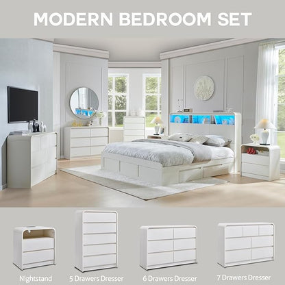 Modern 6 Drawers Dresser for Bedroom, 47" Wide Wood Dressers & Chests of Drawers with Curved Profile Design, Mid Century Modern Dresser for Closet for Bedroom, Living Room, Antique White