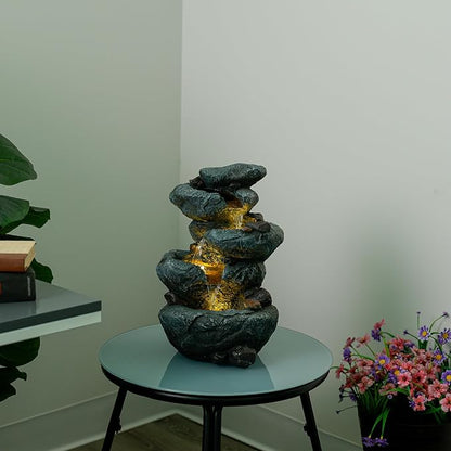 Alpine Corporation TZL418 14" 3 Tier Rock Fountain with LED Lights, Elegant Cascading Water Feature for Tabletop, Indoor Decor, Relaxing Stone Waterfall for Home & Office, Gray