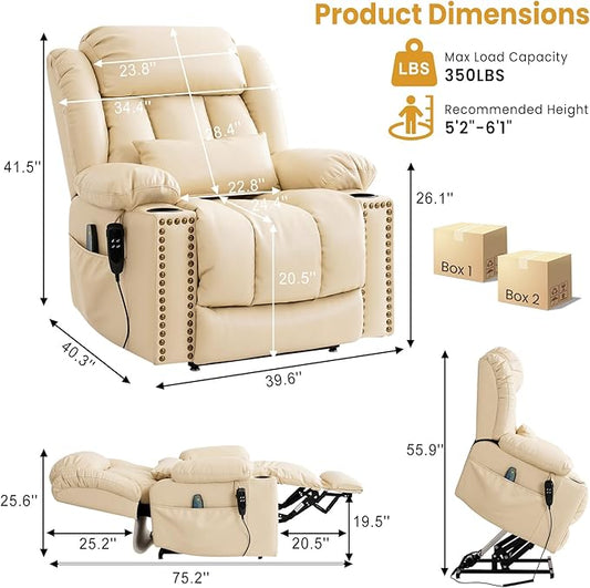 PARKOL Large Infinite Position Leather Power Lay Flat Lift Studded Recliner Chairs for Elderly, Dual Motor with Massage and Heating,Extended Footrest, USB&Type-C Port Remote,Cup Holder (Beige, Large)