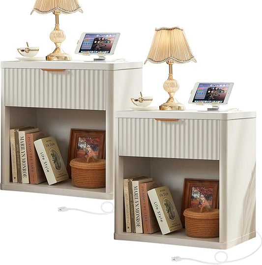 LEYAOYAO Fluted Farmhouse Nightstand Set of 2 with Charging Station, 23" Wide 1 Drawers End Table,White Dresser for Bedroom,Bed Side Table Chest of Drawers Cabinet,Wood Night Stand for Living Room
