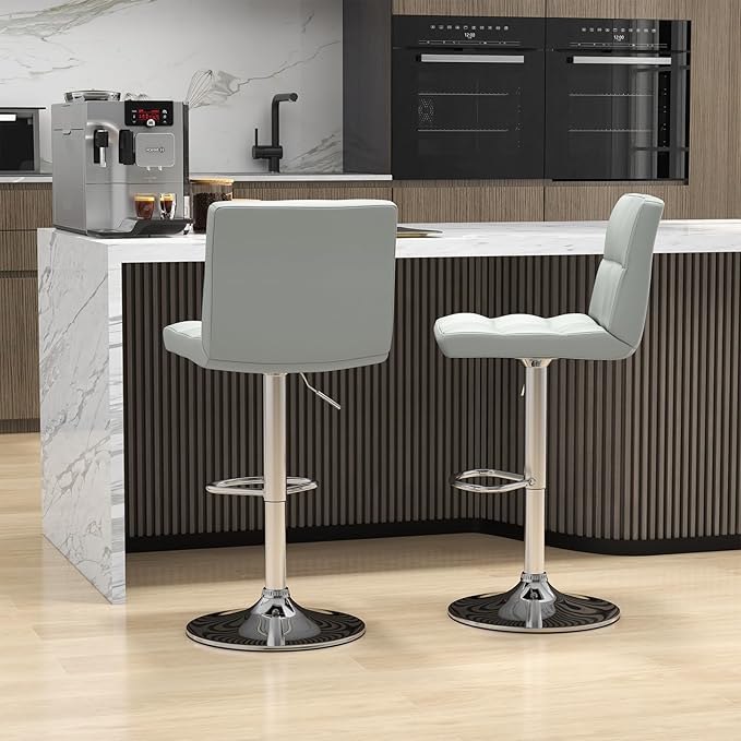 COSTWAY Bar Stools Set of 2, Modern Swivel Adjustable Height PU Leather Barstools with Back, Square Armless Counter Height 2-Pack Bar Chair for Kitchen Island Dining Living Bistro Pub Counter, Grey