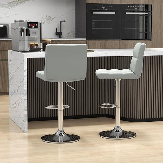 COSTWAY Bar Stools Set of 2, Modern Swivel Adjustable Height PU Leather Barstools with Back, Square Armless Counter Height 2-Pack Bar Chair for Kitchen Island Dining Living Bistro Pub Counter, Grey