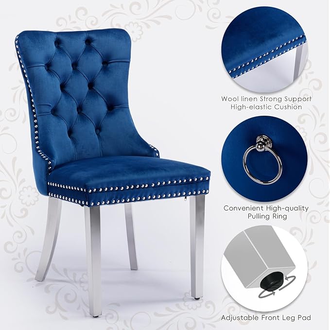 Velvet Upholstered Dining Chairs Set of 4, Modern Style Kitchen Side Chairs with Nailhead Trim and Silver Plated Leg, Metal Pulling Ring for Dining Room Living Room